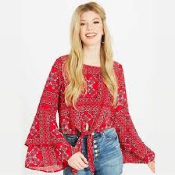 Altar'd State Red Printed Crop-top with Wide Layered Bell Sleeves, Size Medium - Picture 1 of 9